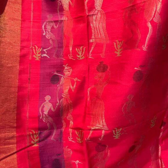 Butter yellow Red Cotton Silk Saree with Tribal Motif diwali pastel haldi - Picture 12 of 17